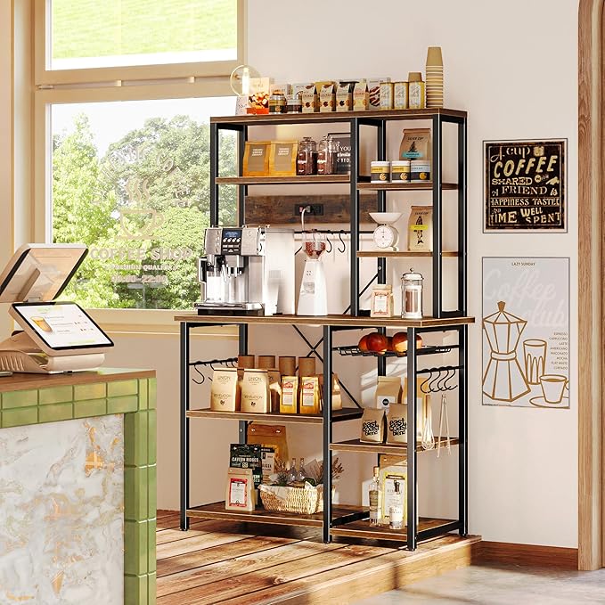 SUPERJARE Large Bakers Rack with Power Outlets, 6-Tier Microwave Stand, Coffee Bar with 12 S-Shaped Hooks, Kitchen Shelf with Wire Basket, 39.4 x 14.6 x 66.9 Inches, Rustic Brown