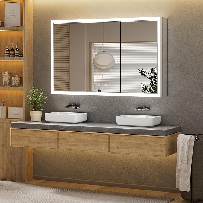 48x30 Recessed or Surface Lighted Medicine Cabinet with Mirror & Clock, Fogless Aluminum Medicine Cabinet with Dimmable Light & Outlet, Anti-fog, Built-in Sensing Light & 6 Adjustable Shelves