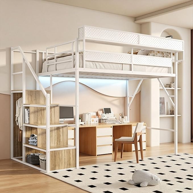 Full Size Metal Loft Bed with LED Lights and USB Charging Port, Storage Shelf, Reversible Storage Stairs with Wardrobe, Heavy Duty Noise-Free Design, Large Under Bed, No Box Spring Needed