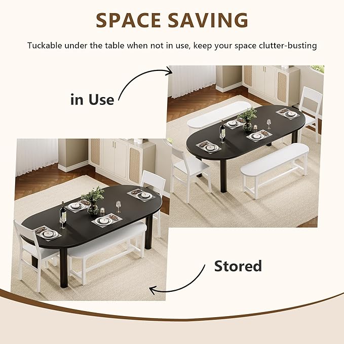 Feonase Dining Chairs and Benches Set of 4, Modern Dining Room Chairs with Ergonomic Backrest, Wood Structure & Metal Legs, for Kitchen, Dining Room, Space-Saving, Easy to Assemble & Clean, White