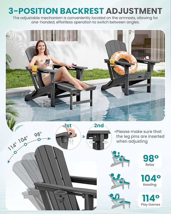 SERWALL Folding Adjustable Adirondack Chairs with Footrest Set of 2, HDPE Outdoor Chair with Dual Cup Holders, All Weather Adirondack Chair with Ottoman, Gray