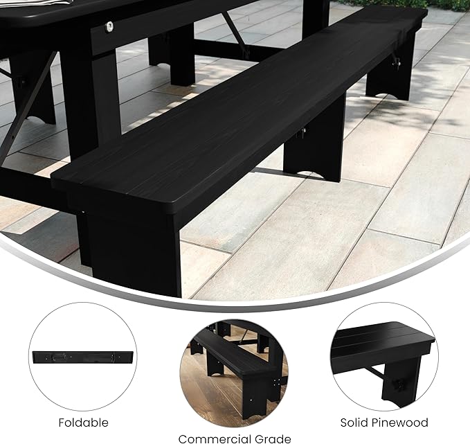 Flash Furniture Hercules Commercial Farmhouse Folding Bench, Antique Solid Pine Entryway Bench, Foldable Locking Legs, 8' x 12", Black Wash