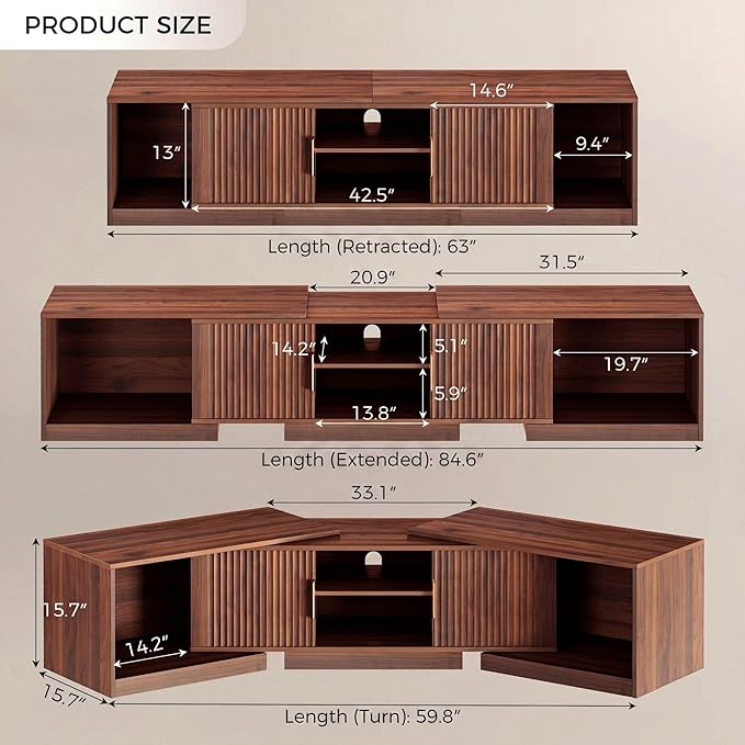 IRONCK TV Stand for 55-80 Inches TVs, 63"-84.6" Adjustable Length, Extendable Corner Entertainment Center with Storage Cabinets, Fluted Doors Modern Media Console, Ideal for Living Room, Walnut