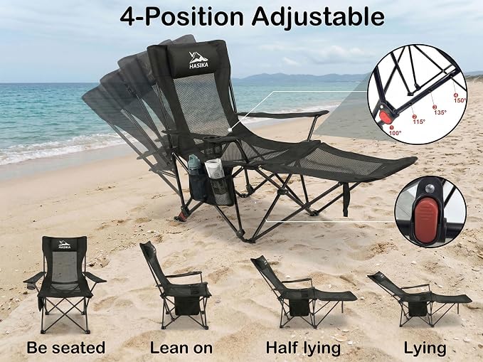 HASIKA Reclining Camping Chair with Footrest, Ultra-Lightweight Portable Folding Lounge Chair for Outdoor Hiking Picnic Beach, 4-Position Adjustable Back Support with Headrest & Carry Bag, Black