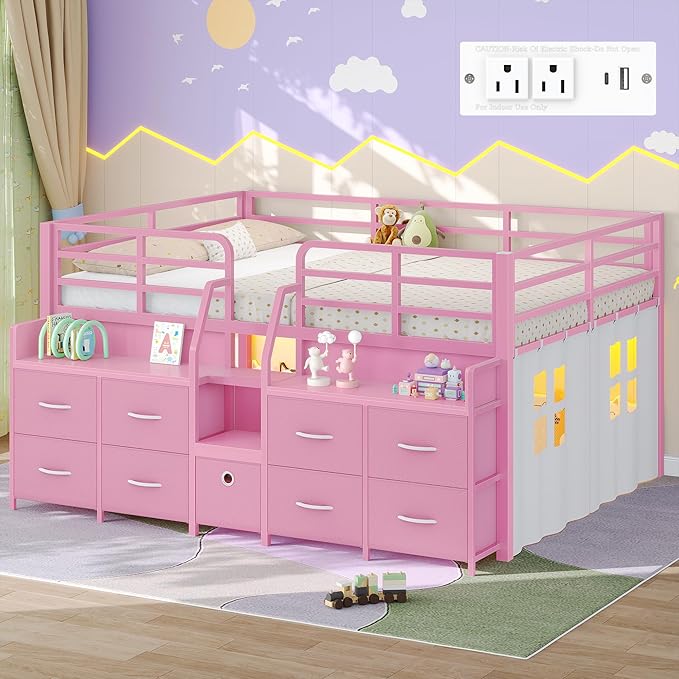 Dnxao Low Loft Bed Full Size with 9 Drawers and 2 Bookcases, Full Size Loft Bed with Charging Station & LED Lights, 15" H Safety Guardrail Metal, Under-Bed Play Space,Pink