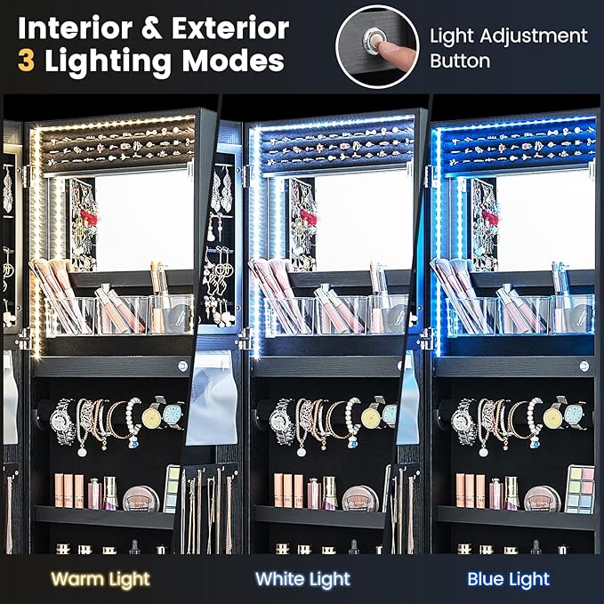 CHARMAID LED Mirror Jewelry Cabinet, Lockable Jewelry Armoire with Adjustable Lighted Full Length Mirror, 3 Lighting Sets, Wall Mounted Door Hanging Jewelry Storage Organizer (Black, 42.5''H)