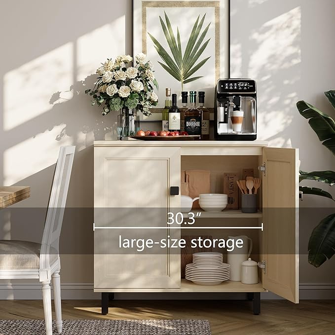 FENSULN Buffet Sideboard Cabinet Farmhouse Modern 3 in1 Storage Cabinet with Adjustable Shelves for Kitchen, Coffee Bar, Living Room, Beige