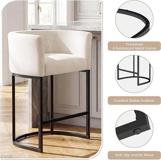 GRUSIGN Chenille Counter Height Bar Stools Set of 4, 26" Kitchen Island Stools with Arms & Footrest, Upholstered Barrel Back Bar Chairs for Kitchen， Dining Room, Bar & Lounge Area, 450 lbs, Off-White