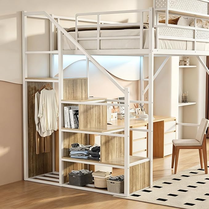 Full Size Metal Loft Bed with LED Lights and USB Charging Port, Storage Shelf, Reversible Storage Stairs with Wardrobe, Heavy Duty Noise-Free Design, Large Under Bed, No Box Spring Needed