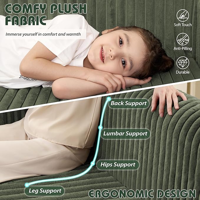 HABUTWAY 49.8" Loveseat Boneless Couch, 4-in-1 Convertible Sofa Bed, Plush Fur Folding Futon Sofa Bed Couches Without Pillow for Living Room, High-Density Foam Support, No Assembly Required, Green