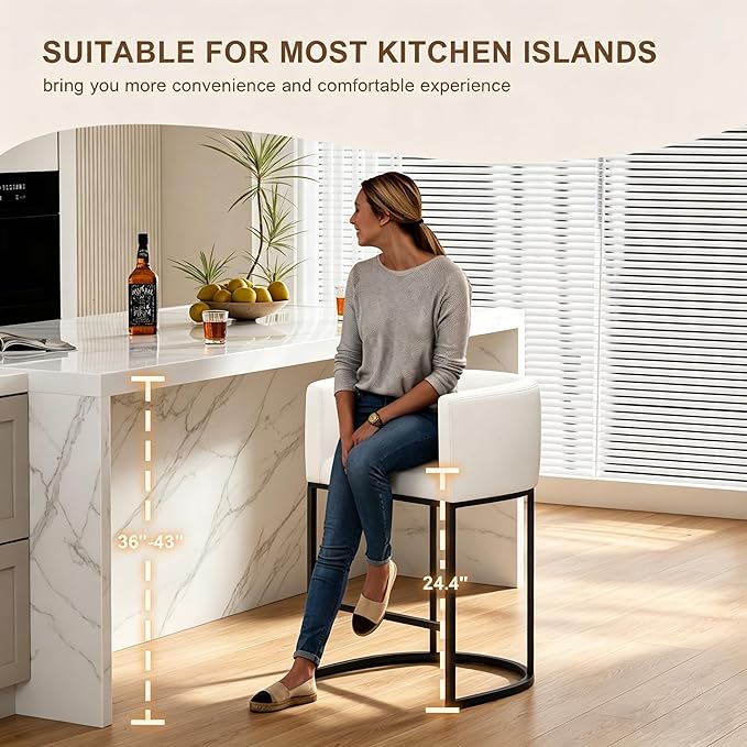 26" H Counter Height Bar Stools Set of 3, Modern Barrel Counter Stools with Backrest and Arms, Linen Fabric Upholstered Accent Barstools for Kitchen Island,Support 450 LBS (White)