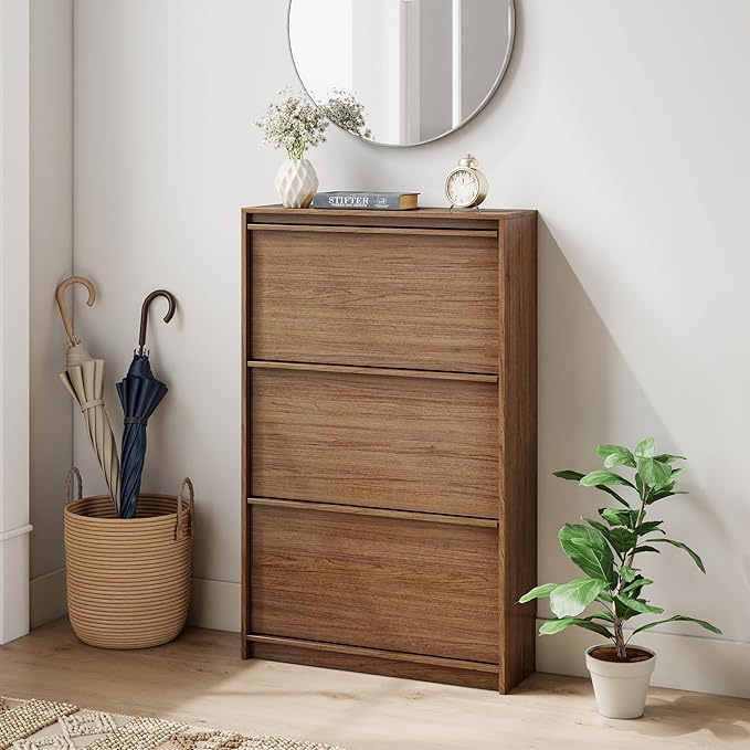 Shoe Cabinet with 3 Flip Drawers, 23.62" W Narrow Shoe Storage Cabinet for Entryway, Slim Shoe Organizer with Adjustable Shelves, Freestanding Shoe Rack for Hallway, Living Room, Walnut