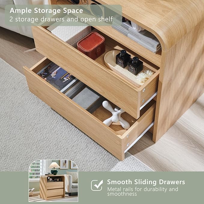 Aitjunz 25" Tall Modern Nightstand with Charging Station, 23.6'' Wide Wood Bedside Table w/2 Storage Drawers, Large Mid Century End Table for Bedroom, Living Room, Curved Profile Design,Natural Oak
