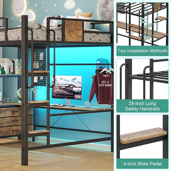 BYSAUD Full Size Loft Bed with Desk and 5 Drawers, Stable Metal Loft Bed Frame with Upholstered Backrest, Stairs, Power Outlet & LED Lights, Noise Free Space-Saving Design, Rustic Brown