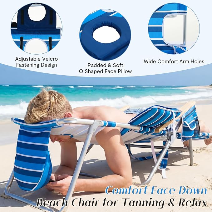 5-Positon Backpack Beach Chair, Portable Folding Tanning Chair, Double Shoulder Straps Beach Lounge Chair with Footrest, Face Hole, Towel Bar (Blue White, 60.6" with Canopy (Set of 2))
