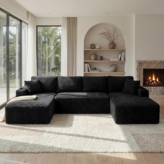 125 Inch Modular Sectional Sofa, Cloud Couch Oversized U Shaped Corduroy Sofa with Storage & Cupholders, Modern Deep Seat Boneless Couches for Living Room, No Assembly Required, Black