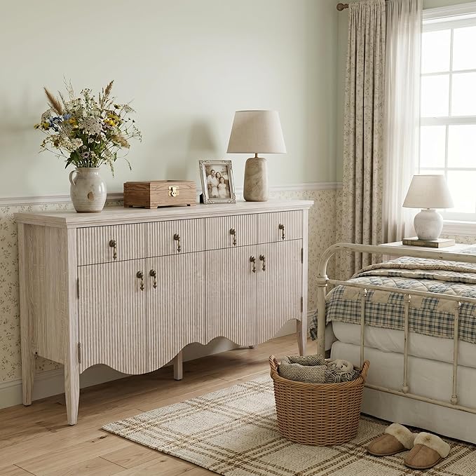 FUSUNBAO 57-Inch Sideboard Buffet Cabinet with 3 Drawers and 4 Doors, Vintage Fluted Sideboard with Scalloped Base, Vintage Storage Cabinet for Dining Room, Organic Modern Accent Cabinet, White Oak