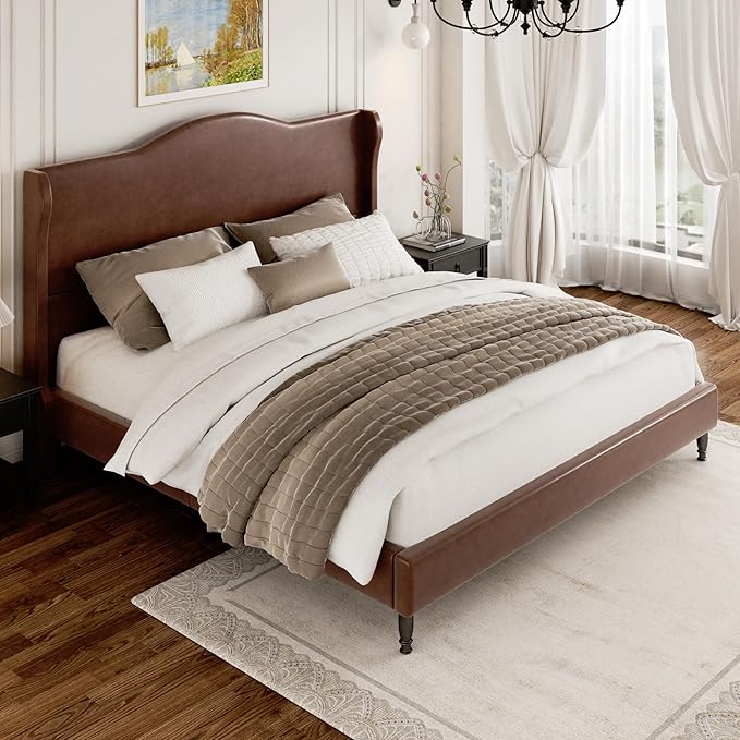 King Upholstered Bed Frame with Tall Headboard, Leather Platform Bed with Wingback Sides, Wood Slats Support, Noise-Free Design, No Box Spring Required, Easy Assembly, Dark Brown