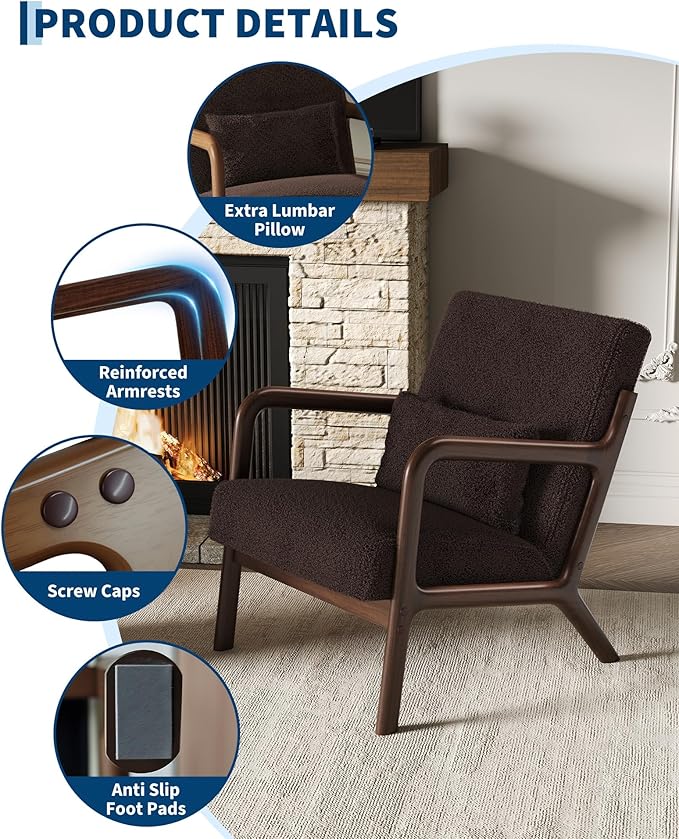 Garvee Mid-Century Accent Chair Set of 2, Sherpa Upholstery, Cozy Reading Chair, Modern Lounge Armchair with Lumbar Pillow, Sturdy Wood Frame, for Living Room, Bedroom, Office, Brown