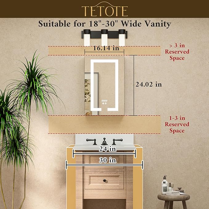 TETOTE LED Lighted Medicine Cabinet Mirror with Tempered Glass 16 x 24 Recessed or Surface Mount Bathroom Cabinet with Lights and Storage, Outlets & USB, 3-Color Dimming, Defog, Adjustable Shelves