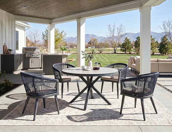 PURPLE LEAF 5-Piece Patio Dining Set Outdoor Furniture Round Table and Chairs with Cushions Gray-Finish Aluminum Frame All-Weather Wicker for Garden Deck Backyard Kitchen