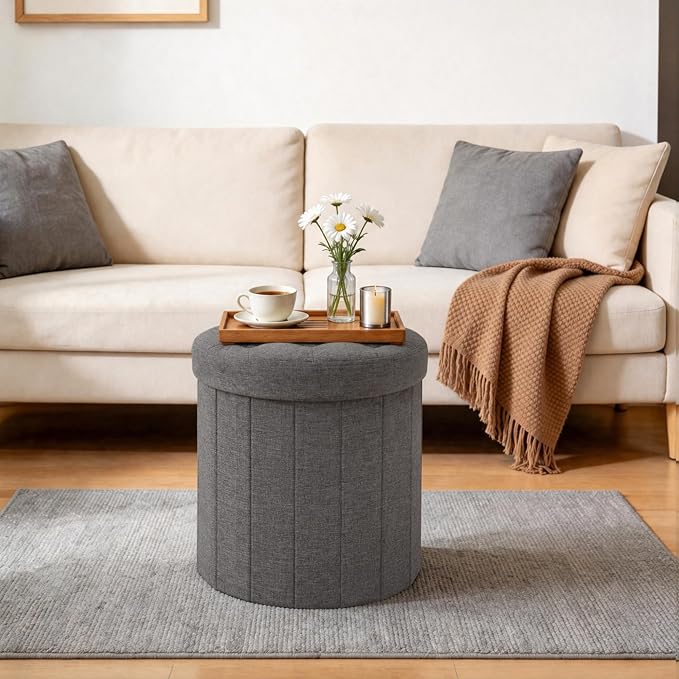 CAROLMADE Round Storage Ottoman,Linen Folding Footrest Stool with Thicker Foam Padded Seat,Versatile Vanity Stool for Living Room,Bedroom or Dorm,Grey