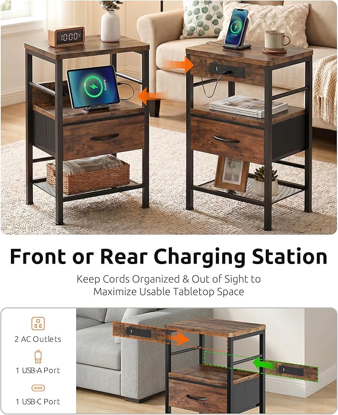 Lazzanto Nightstands Set of 2 with Charging Station, Bedside Tables with Open Shelf & Hooks, End Tables with USB-C USB-A Ports AC Outlets, Night Stand for Bedroom with Fabric Drawer, Rustic Brown