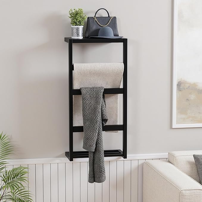 Bamboo Wall Blanket Ladder, 4-Tier Towel Racks, Bamboo Bath Towel Racks for Bathroom Wall Mounted, Decorative Blanket, Quilt, Towel, Scarf Ladder Shelves for Bathroom, Living Room, Bedroom， Black