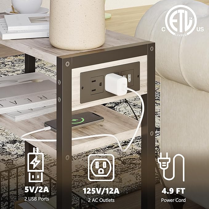 TRIFEBLE Narrow Side Table with Charging Station, Small End Table for Small Spaces, Slim Nightstand with Storage Basket, 3 Tier Skinny Bedside Table for Living Room, Bedroom, Greige