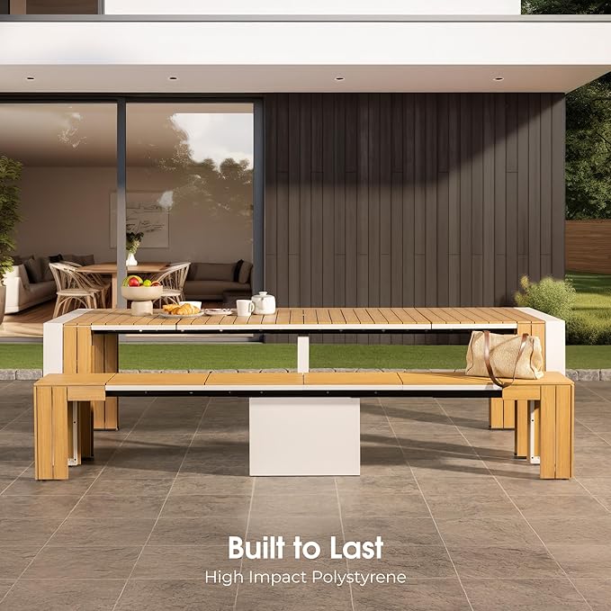 Transformer Table - Extendable Outdoor Dining Set up to 12, Expandable Patio Table, Weather-Resistant Wooden Outdoor Furniture, Light Oak, Natural (Table + Bench)