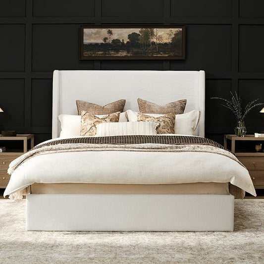 RECCI Queen Bed Frame with 53" Extra Tall Wingback Headboard, Luxury Upholstered Platform Bed Frame, Heavy Duty Support, Noise-Free, Easy Assembly, No Box Spring Needed, Ivory White Canvas