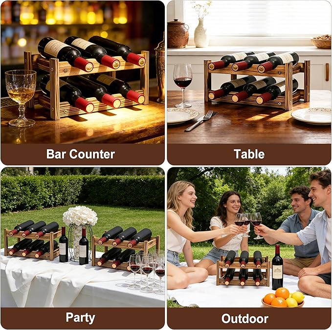 6-Bottle Wooden Wine Rack – 2-Tier Tabletop Countertop Space-Saving Wine Holder with Screwdriver Included, Easy Assembly Wine Storage Shelf for Kitchen, Bar, Pantry & Home Decor
