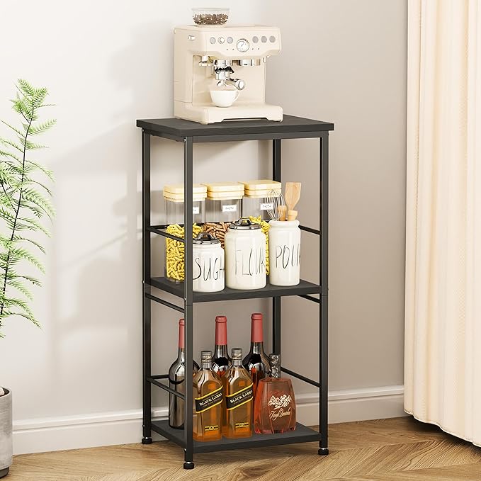 SWTYMIKI Coffee Bar Cabinet for Home - 3-Tier Sturdy Farmhouse Coffee Stand Station Multi-Purpose Buffet Sideboard - Kitchen Bar Table for Living Room, Corner, Small Space, Black