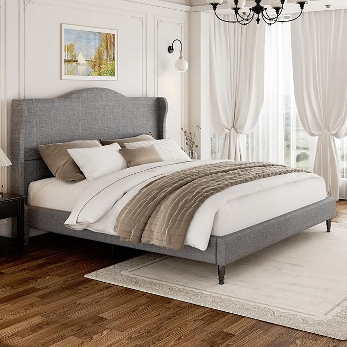 King Size Bed Frame, Upholstered Platform Bed with Tall Arched Wingback Headboard, Sturdy Wooden Slat Support, Easy Assembly, No Box Spring Required, Soft Fabric Bed for Bedroom, Light Grey