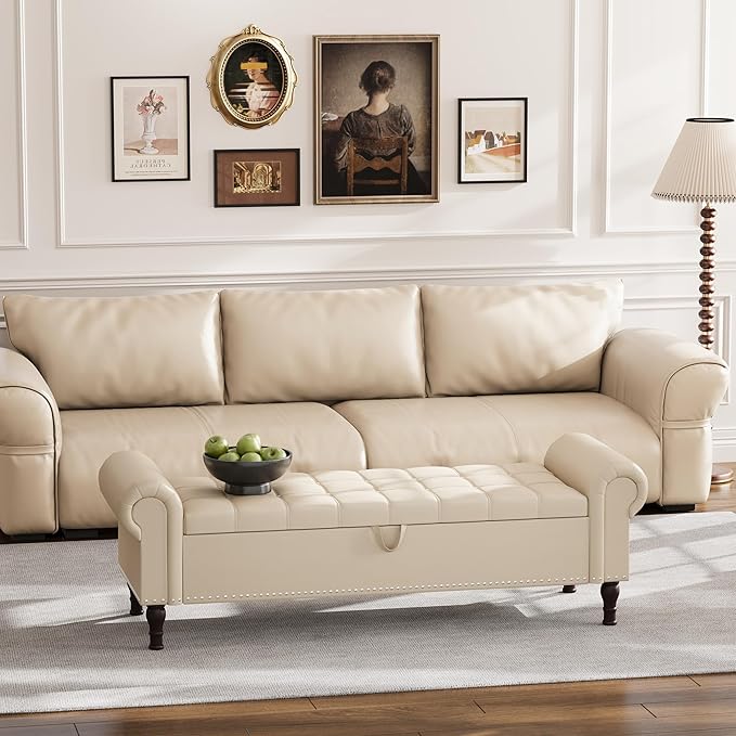 Apicizon 60” Bench with Storage, Faux Leather Ottoman Bench with Rolled Arm & Vintage Rivets, End of Bed Bench for Bedroom, Living Room, Entryway, Beige+Brown Legs