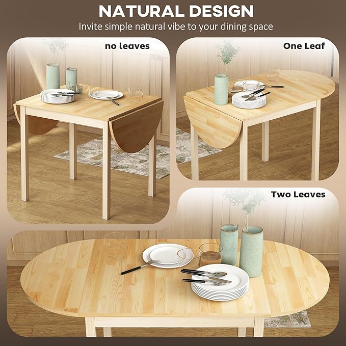 HOMCOM 55" Solid Wood Kitchen Table for 4-6 People, Oval Drop Leaf Tables for Small Spaces, Folding Dining Table, Natural