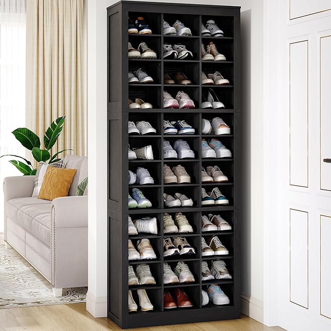 Hzuaneri Shoe Storage Cabinet, 36 Pairs Free Standing Closet Organizer, 9 inch Widened Cell Wood Shoe Organizer, 12 Tiers Vertical Space Saving Shoe Rack for Entryway, Cloakroom, Black SR20704X