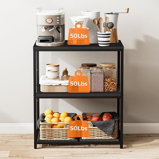 Homleke Kitchen Island with 3 Shelves, Kitchen Shelf with Large Workstation, Bakers Rack, Workbench, Metal Frame, Black