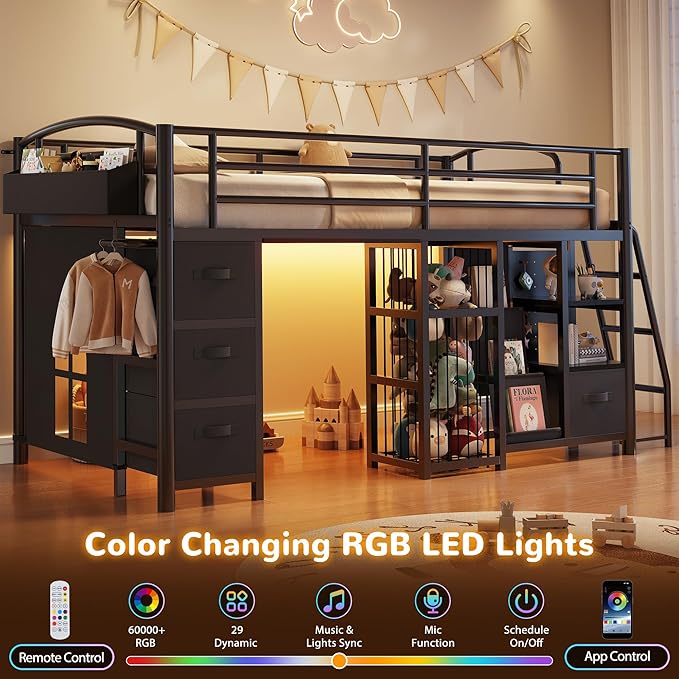 Low Loft Bed Twin Size with 4 Storage Drawers and LED Lights, Twin Loft Bed with Sling Bookcase & Toy Storage, Kids Twin Beds with Anti-Collision Pad & Play Curtain, Under-Bed Play Space, Black