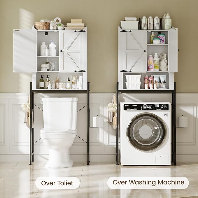 Memobarco Over The Toilet Storage Cabinet, Over Toilet Organizer with 2-Door & Metal Stand, Bathroom Organizers and Storage with Adjustable Shelves for Bathroom, Restroom, Laundry, White