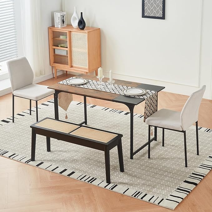 40" Wooden Dining Bench with Hand Woven Rattan Seat,Solid Wood Bench for Entryway,Living Room,Kitchen and Bedroom（Black，18" H