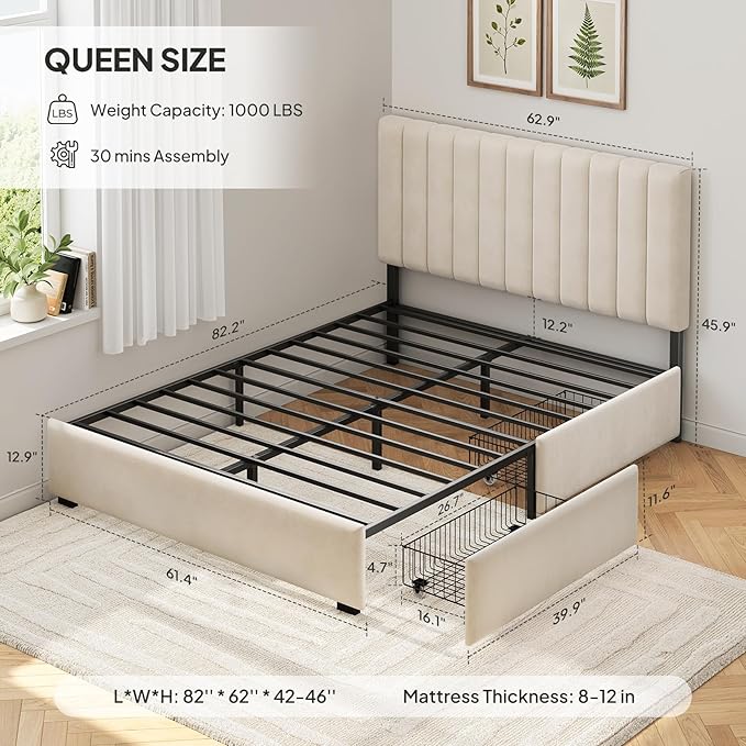 Welzona Queen Bed Frame with Storage and Headboard, Velvet Upholstered Metal Platform Corner Bed with Vertical Tufted Headboard, 2 Storage Drawers, 3-Height Level, Noise Free, Easy Assembly, White