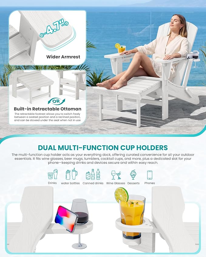 SERWALL Folding Adjustable Adirondack Chairs with Footrest Set of 2, HDPE Outdoor Chair with Dual Cup Holders, All Weather Adirondack Chair with Ottoman, White