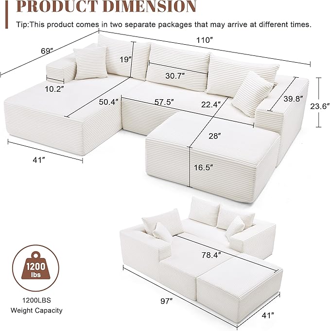 Mangodan 110” Cloud Sectional Couch, Modular Sectional Sofa with Deep Seat, Boneless Sofa for Living Room, Fluffy Comfy U-Shaped Couch with Left Facing Chaise, No Assembly Required, Beige