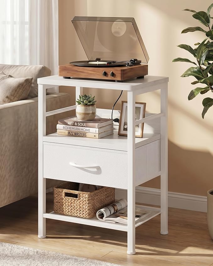 Lazzanto Nightstands Set of 2 with Charging Station, Bed Side Tables with Open Shelf & Hooks, End Tables with USB-C USB-A Ports AC Outlets, Night Stand for Bedroom with Fabric Drawer, White