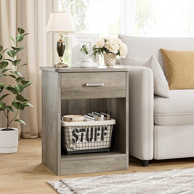 FOTOSOK Nightstand Set of 2, 2-Tier Side Table with Drawer and Storage Shelf, Bedside Table End Table, Modern Night Stand for Bedroom, Home Office,Vintage Grey