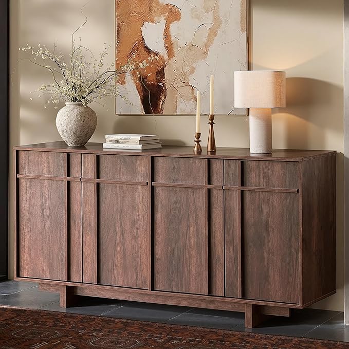 Sideboard Buffet Cabinet with Storage, Mid Century Modern Accent Cabinet with Skeleton Line & Wood Grain Texture,Minimalist Geometric Credenza for Living Room, Kitchen and Entryway, Cherry