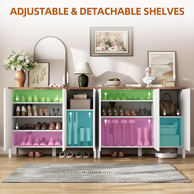 Vlsrka Shoe Cabinet with 3 Doors, Narrow Wooden Shoe Cabinet, Hidden Shoe Storage for Entryway, Foyer, Hallway (White B)
