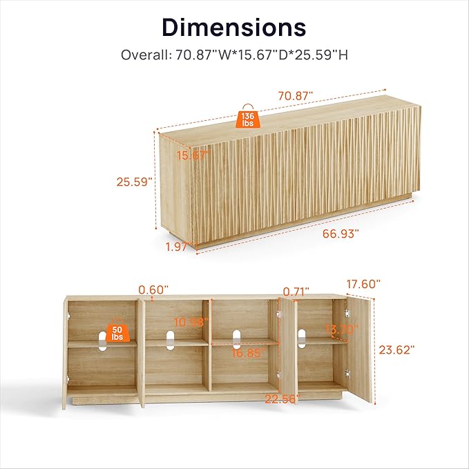 70" Fluted TV Stand for TVs Up to 50/55/65/75", Mid-Century Modern Entertainment Center for Living Room, Tall Sideboard & Storage Cabinet Wavy Media & TV Console, 8 Cable Holes&Soft-Close, Natural Oak