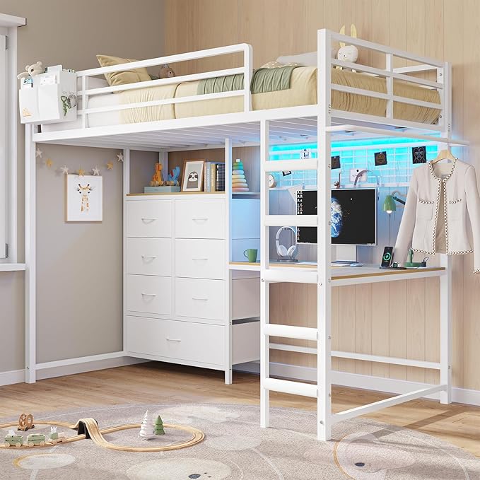 DICTAC Twin Size Loft Bed with L-Shaped Desk and 7 Storage Drawers,Metal Twin Loft Bed for Kids with LED Lights and Charging Station,13.11" H Safety Guardrail and Ladder,No Box Spring Needed, White